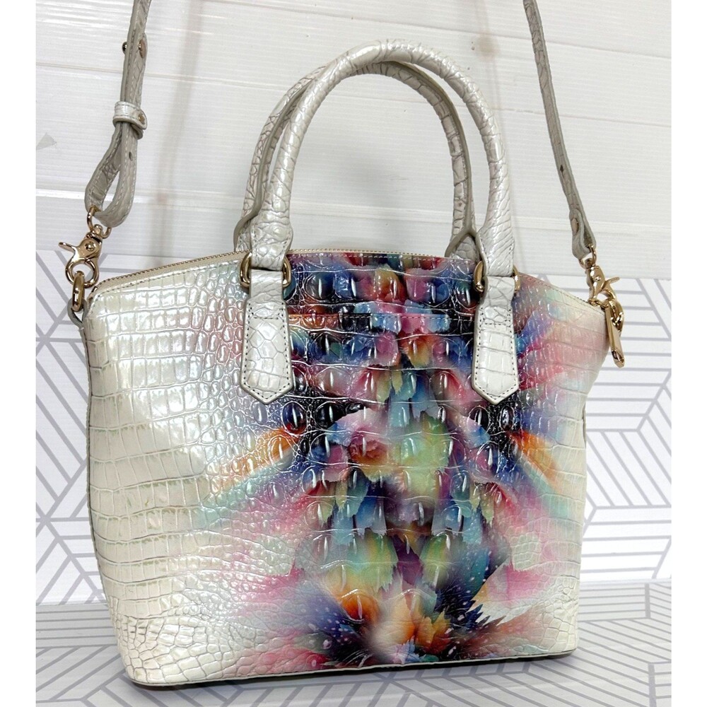 Brahmin Multicolor Croc-Embossed Leather Satchel in Cream and Rainbow - Picture 8 of 16
